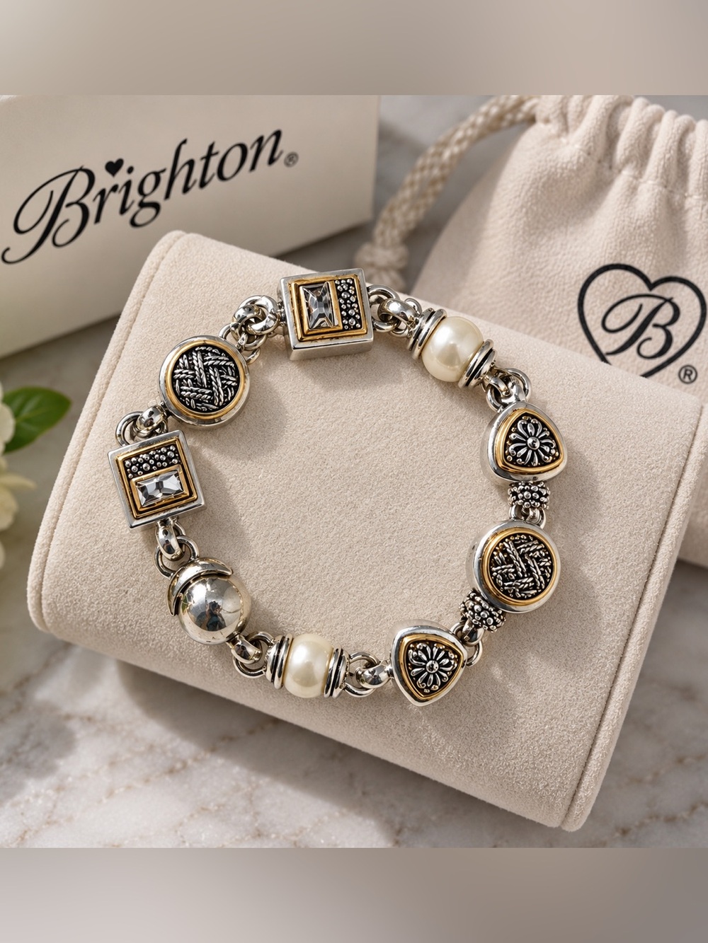 Brighton Heiress Mixed-Metal Charm Bracelet Silver Gold Tone Pearl Accents